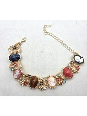 Vintage Gold-Tone Cameo & Gemstone Bracelet With Floral Accents & Adjustable Cla